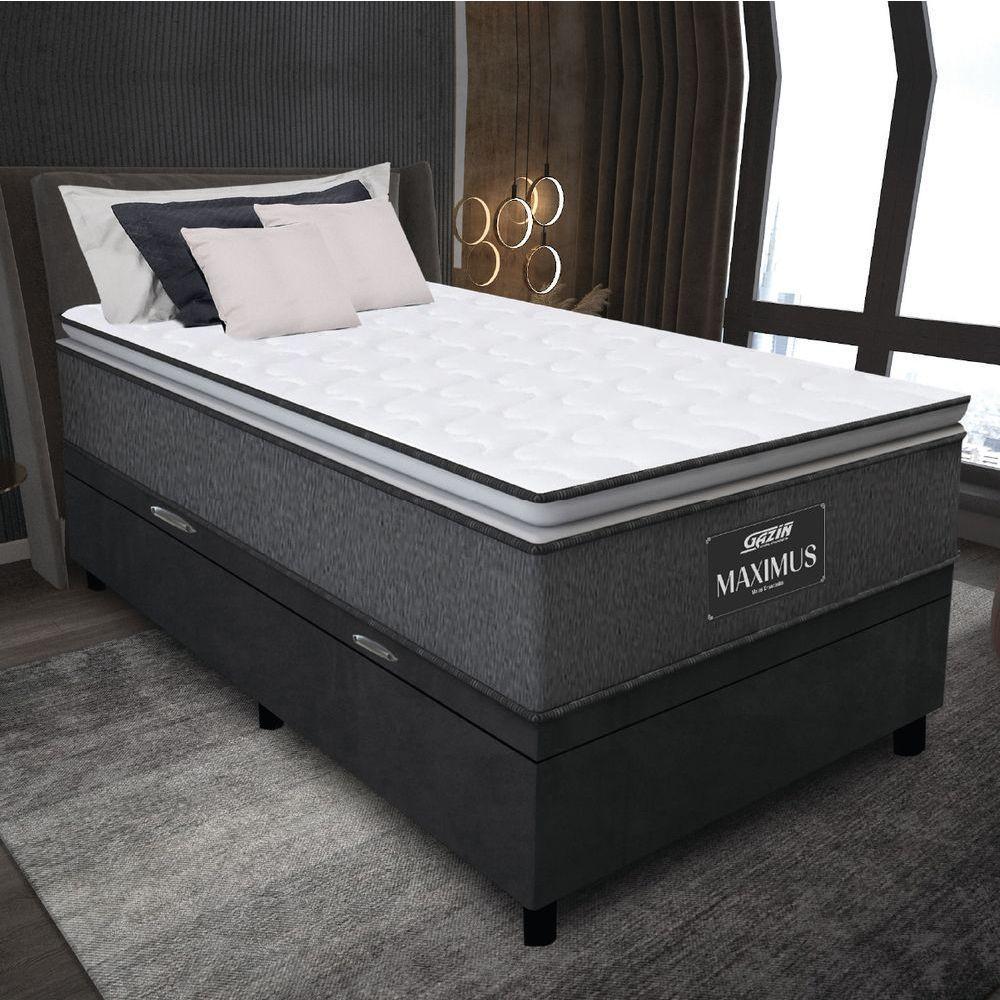 Cama Box Baú Solteiro Colchão Molas Ensacadas Pillow Top Maximus 88x188x69cm Cinza / Preto Gazin - - 4