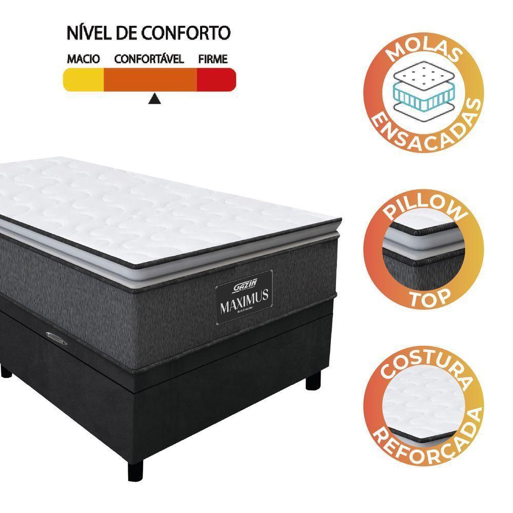 Cama Box Baú Solteiro Colchão Molas Ensacadas Pillow Top Maximus 88x188x69cm Cinza / Preto Gazin - - 6