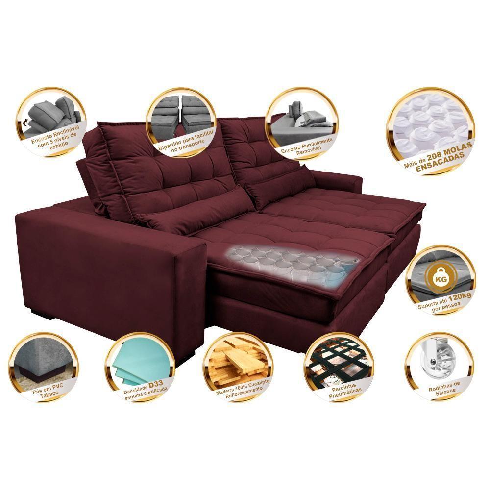 Sofá Retrátil E Reclinável Com Molas Ensacadas Cama Inbox Gold 2,32m Tecido Suede Velusoft Vinho - 7