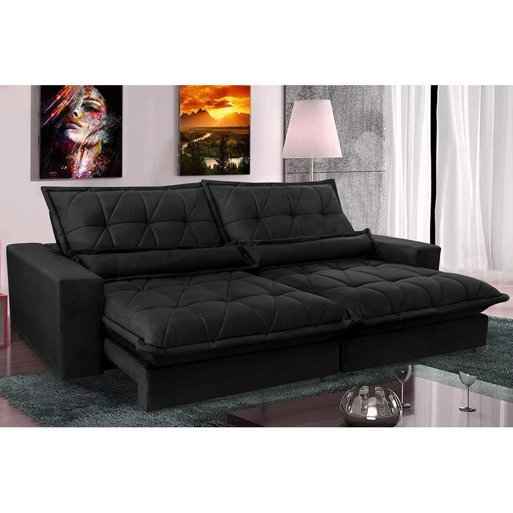 Sofa Retrátil E Reclinável 2,92m Com Molas Ensacadas Cama Inbox Soft Tecido Suede Preto - 1