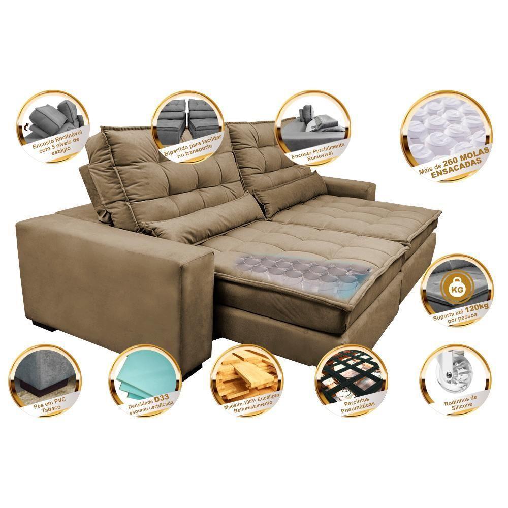 Sofá Retrátil E Reclinável Com Molas Ensacadas Cama Inbox Gold 2,52m Tecido Suede Velusoft Castor - 7
