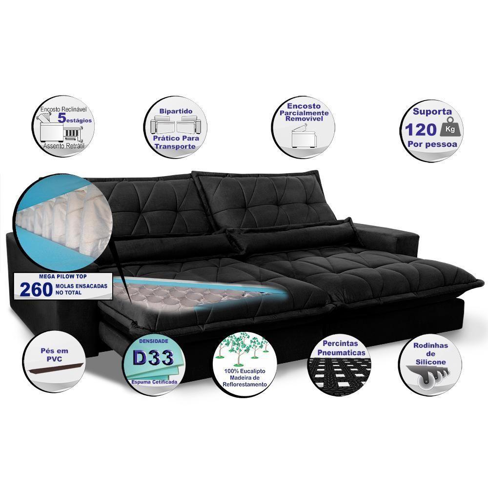 Sofa Retrátil E Reclinável 2,52m Com Molas Ensacadas Cama Inbox Soft Tecido Suede Preto - 6