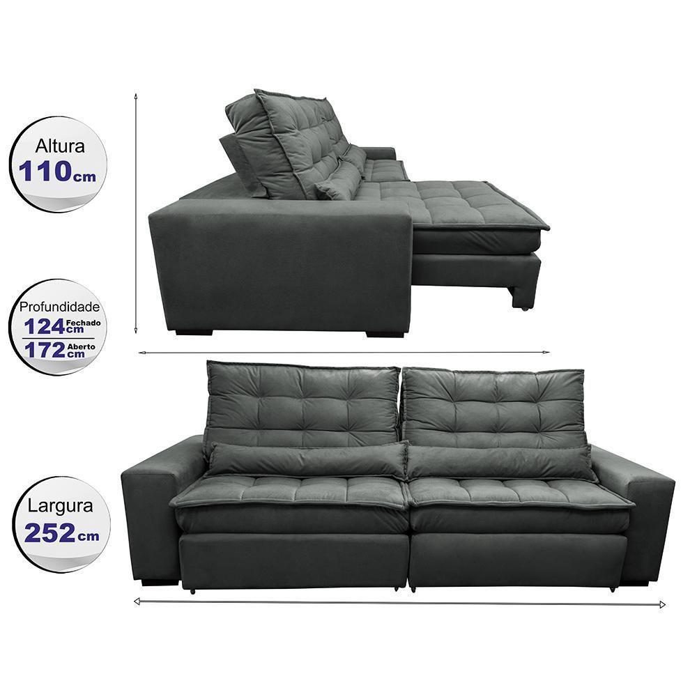 Sofá Retrátil E Reclinável Com Molas Ensacadas Cama Inbox Gold 2,52m Tecido Suede Velusoft Cinza - 8