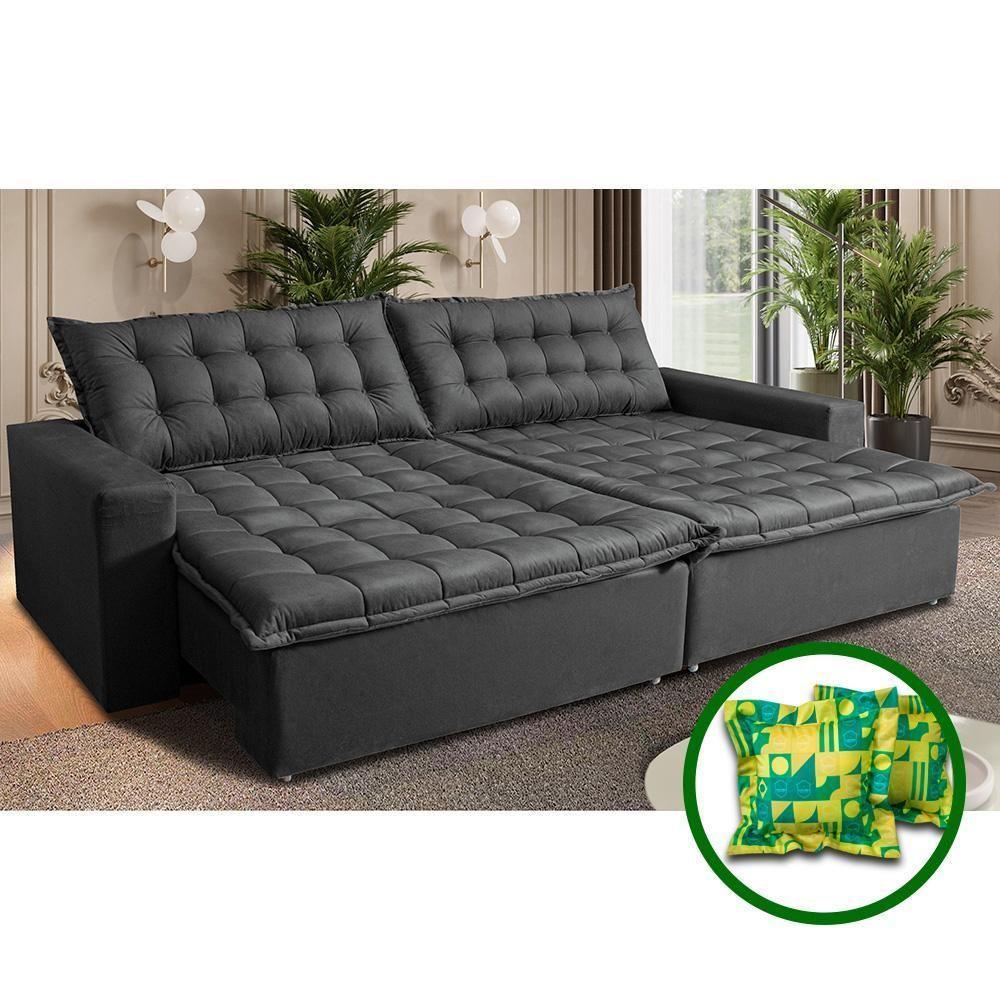Sofá Sem Caixa Retrátil Reclinável 2,95m Cama Inbox França Velusoft Cinza - 1