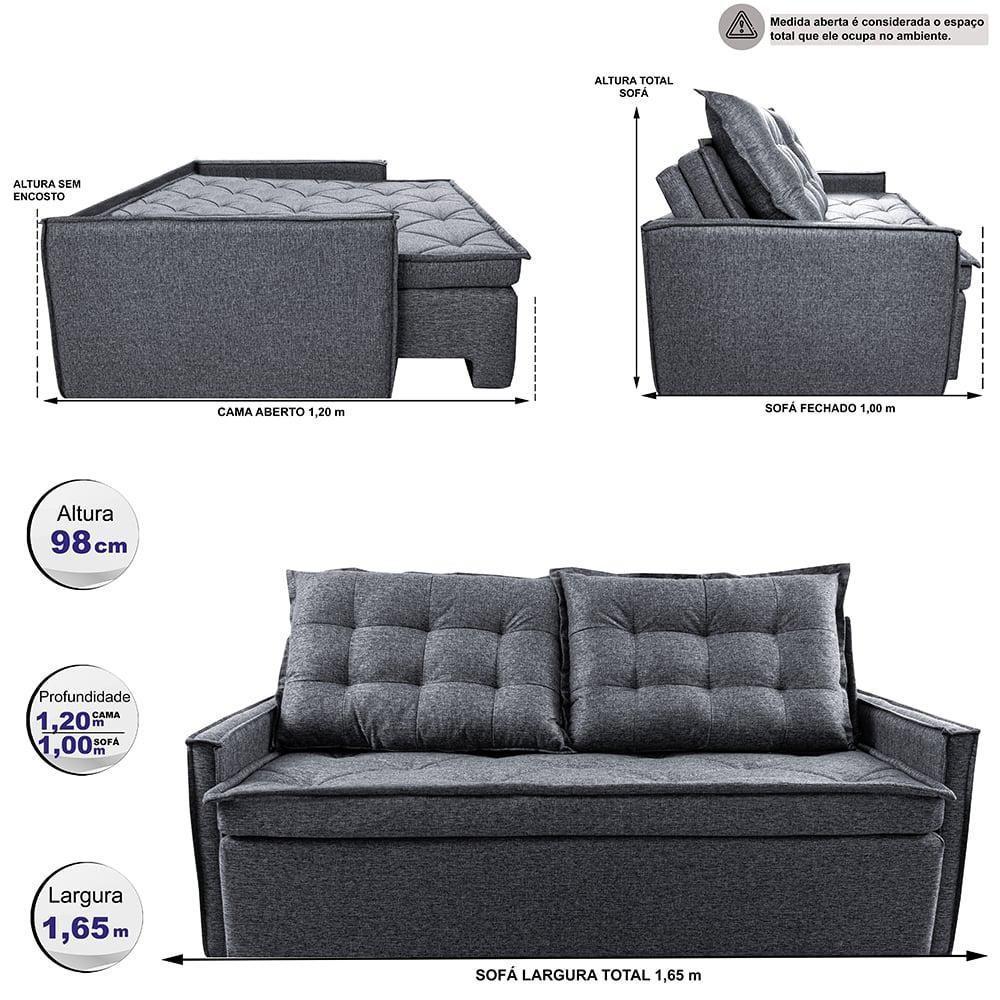 Sofá Sem Caixa Retrátil E Reclinável 1,65m Cama Inbox Flat Linho Cinza Escuro - 7