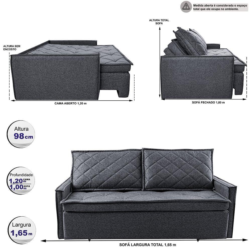 Sofá Sem Caixa Retrátil E Reclinável 1,65m Cama Inbox Loft Linho Cinza Escuro - 7