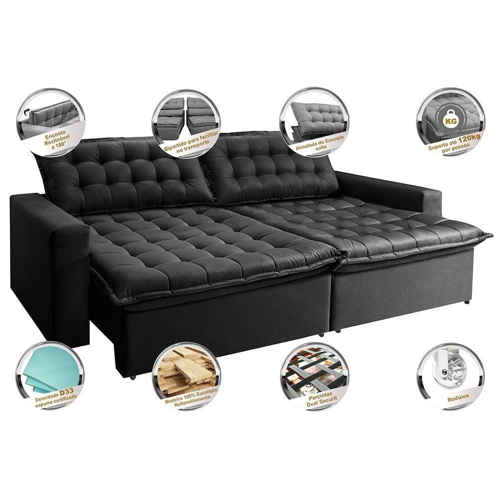 Sofá Sem Caixa Retrátil Reclinável 2,35m Cama Inbox França Velusoft Preto - 6