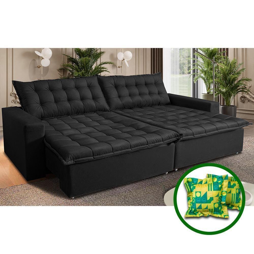 Sofá Sem Caixa Retrátil Reclinável 2,95m Cama Inbox França Velusoft Preto - 1