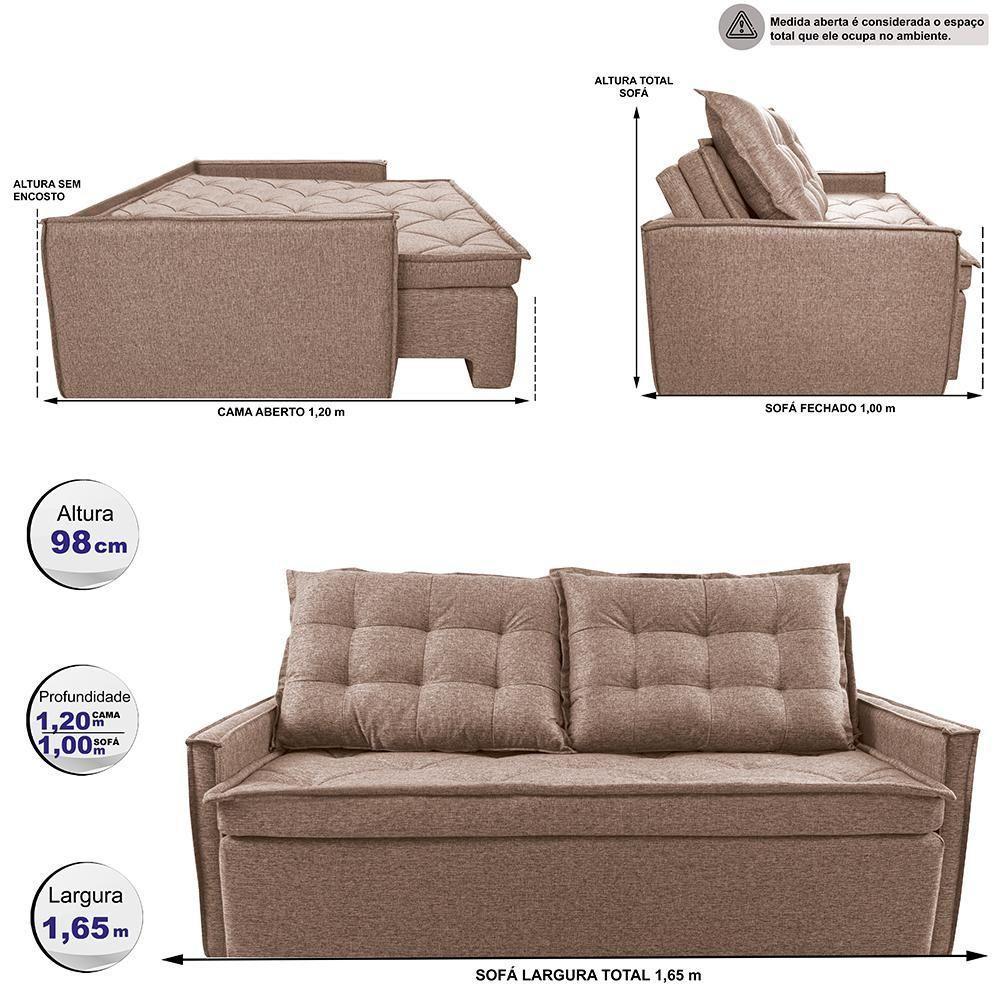 Sofá Sem Caixa Retrátil E Reclinável 1,65m Cama Inbox Flat Linho Bege Escuro - 7