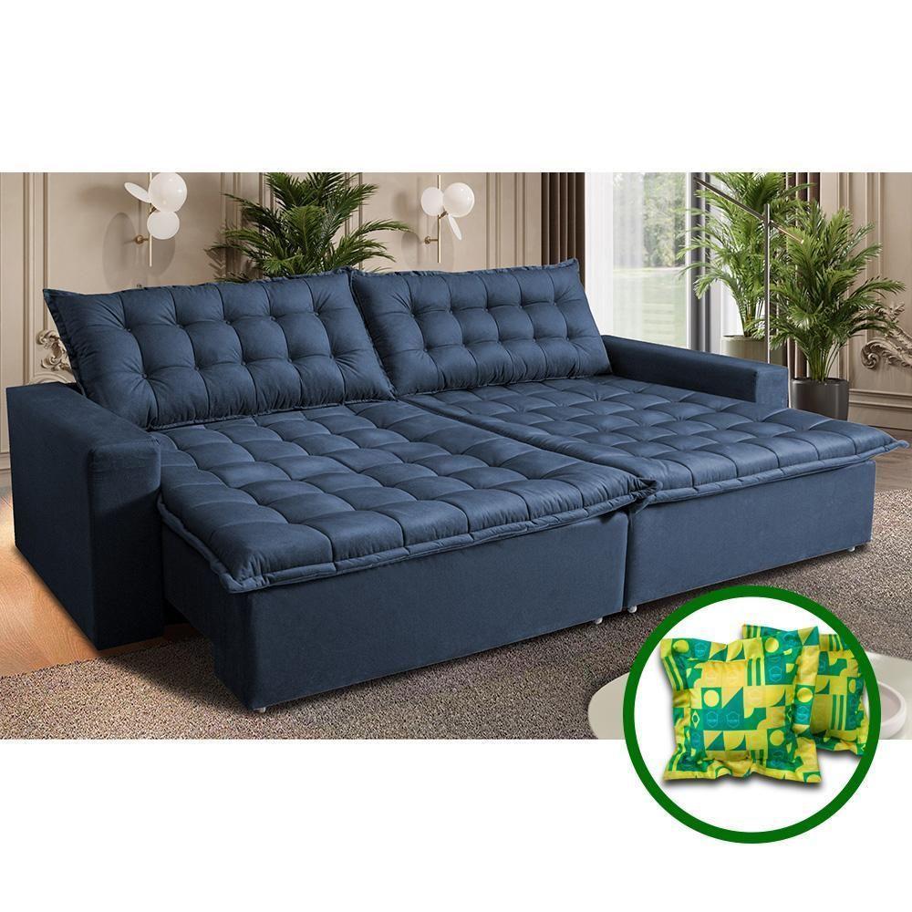 Sofá Sem Caixa Retrátil Reclinável 2,75m Cama Inbox França Velusoft Azul - 1