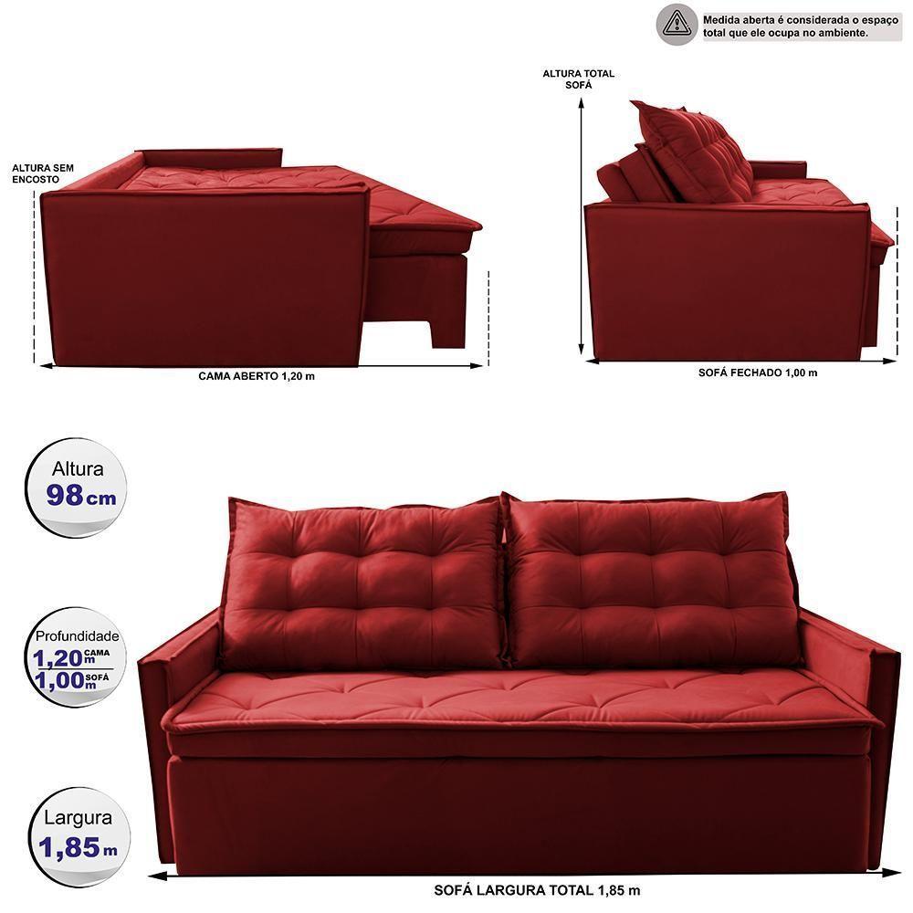 Sofá Sem Caixa Retrátil E Reclinável 1,85m Cama Inbox Studio Suede Velusoft Vermelho - 7