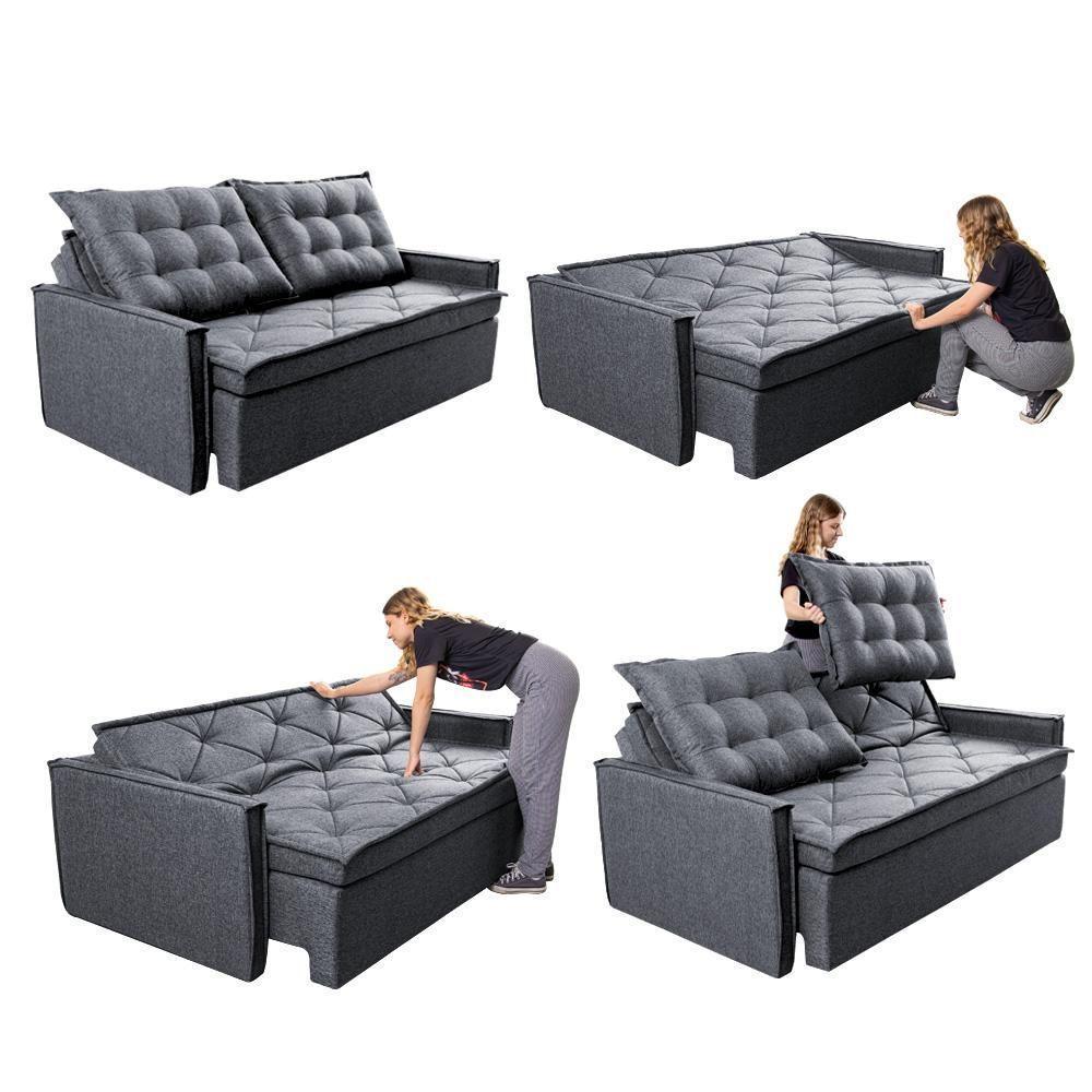 Sofá Sem Caixa Retrátil E Reclinável 1,85m Cama Inbox Flat Linho Cinza Escuro - 2