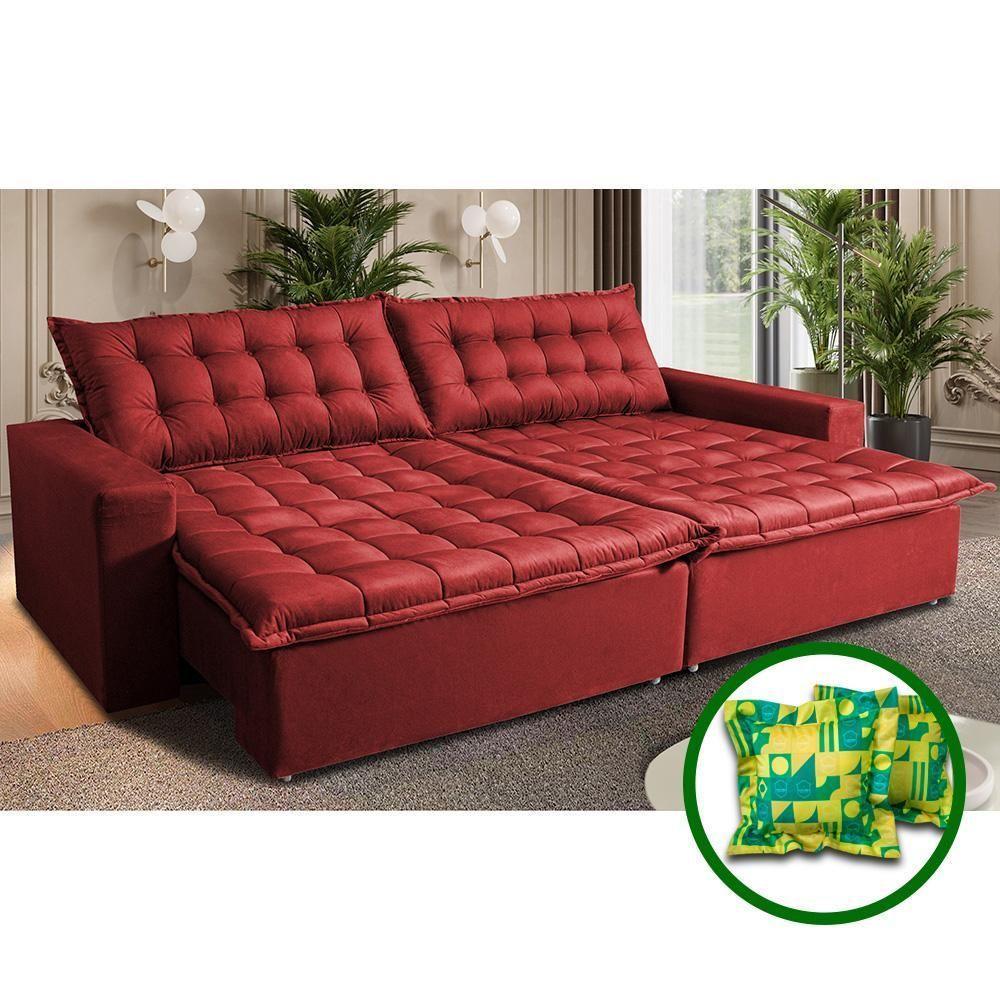 Sofá Sem Caixa Retrátil Reclinável 2,75m Cama Inbox França Velusoft Vermelho - 1