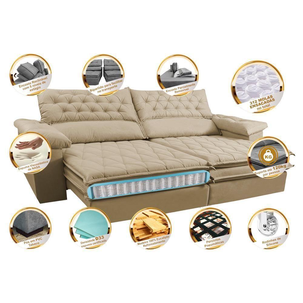 Sofá Retrátil E Reclinável Molas Ensacadas Cama Inbox Botonê 2,92m Espuma Viscoelástico Suede Bege - 7