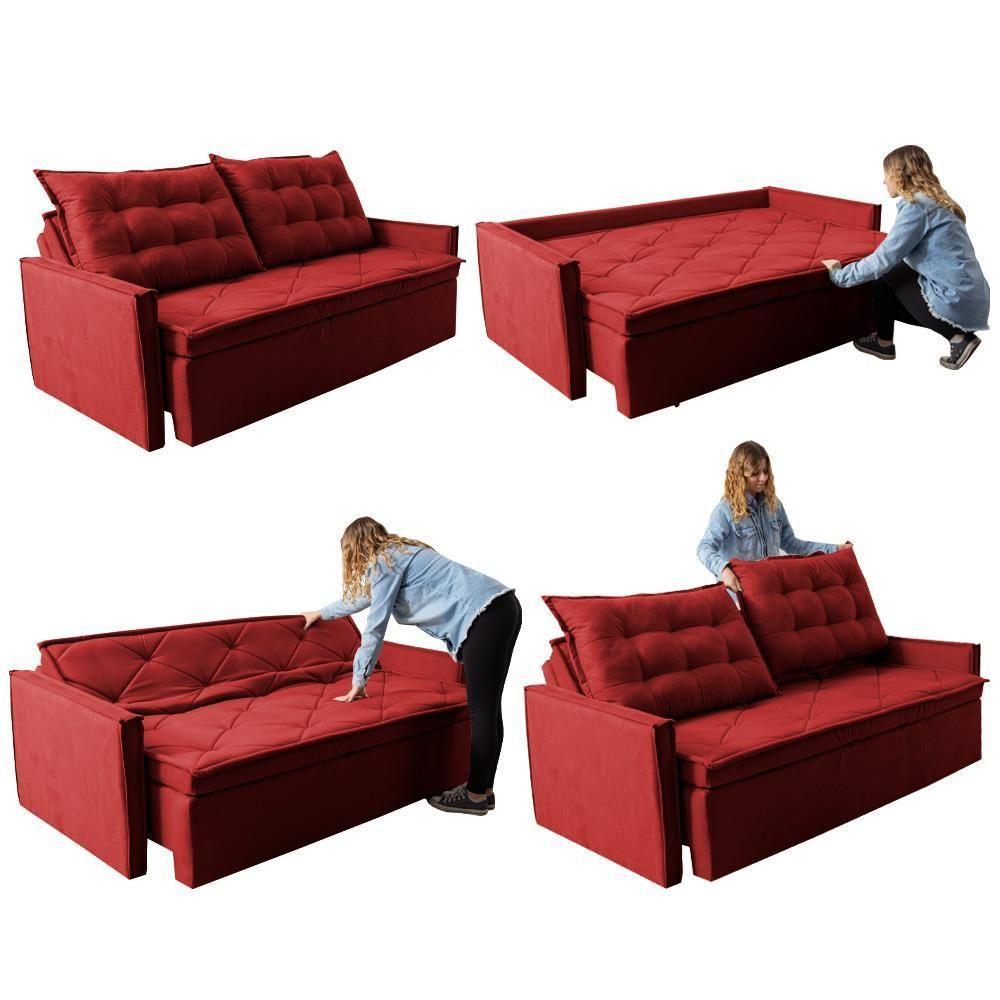 Sofá Sem Caixa Retrátil E Reclinável 1,65m Cama Inbox Studio Suede Velusoft Vermelho - 2