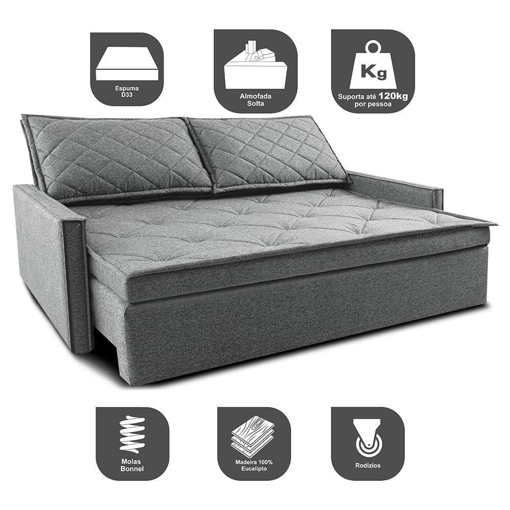 Sofá Sem Caixa Retrátil E Reclinável 1,85m Cama Inbox Loft Linho Cinza Claro - 6