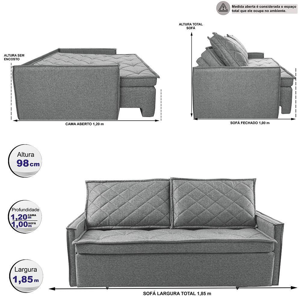 Sofá Sem Caixa Retrátil E Reclinável 1,85m Cama Inbox Loft Linho Cinza Claro - 7