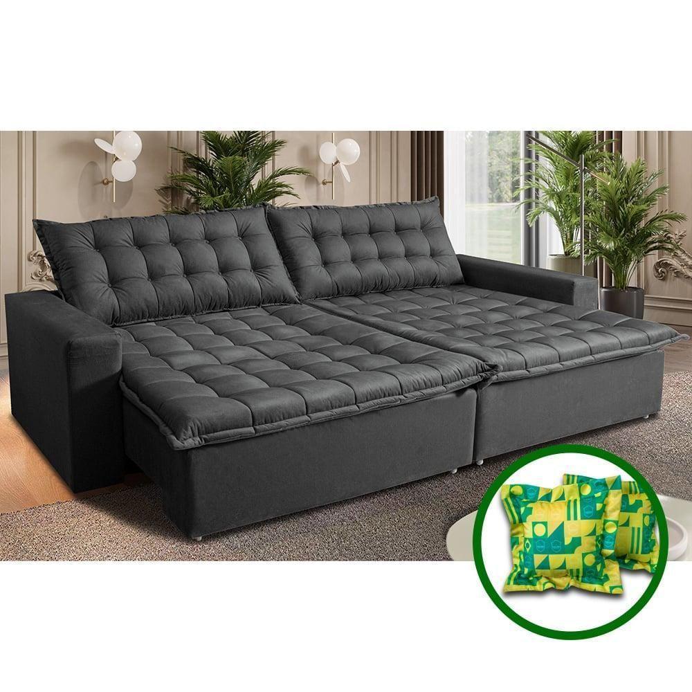 Sofá Sem Caixa Retrátil Reclinável 2,35m Cama Inbox França Velusoft Cinza - 1