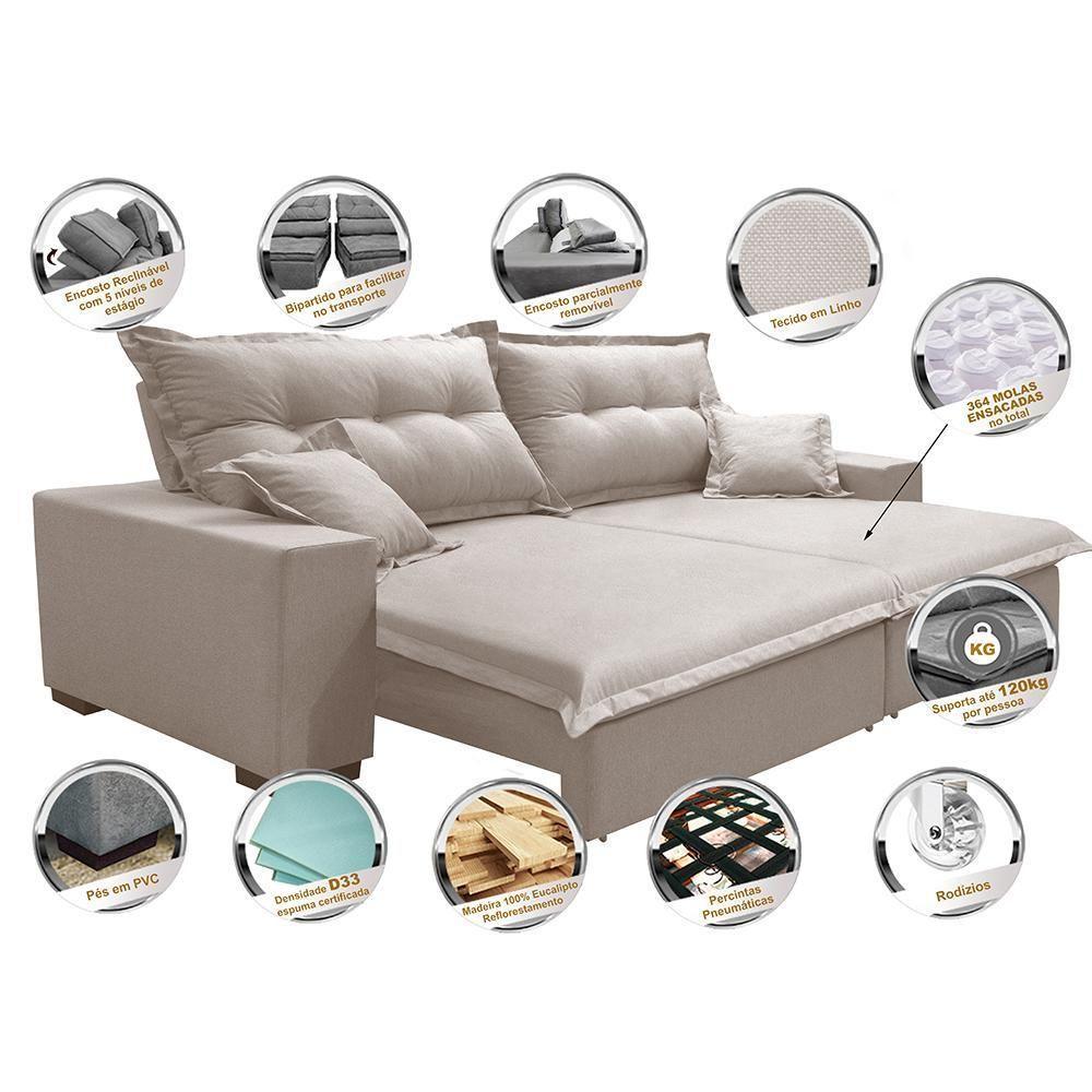 Sofá Retrátil E Reclinável Com Molas Ensacadas Cama Inbox Prime 3,12m Tecido Linho Bege Claro - 7