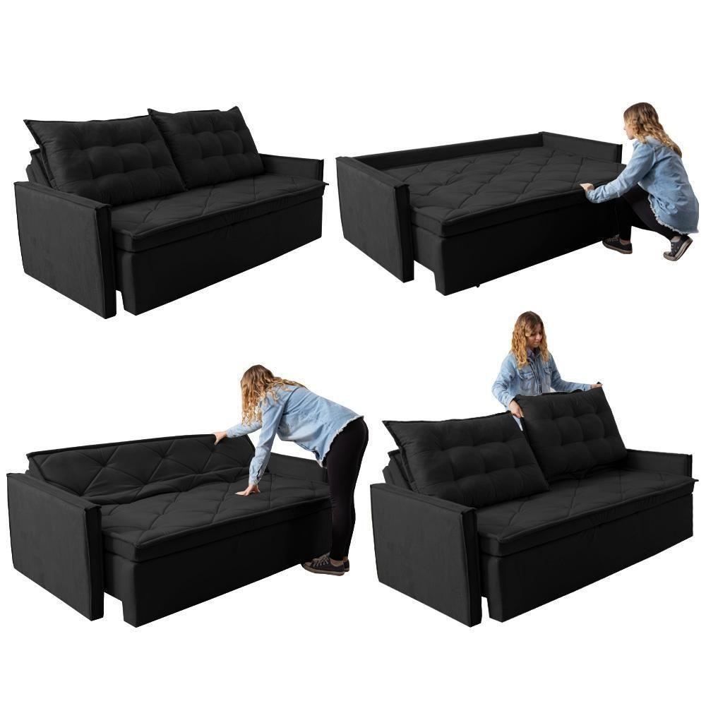 Sofá Sem Caixa Retrátil E Reclinável 1,85m Cama Inbox Studio Suede Velusoft Preto - 2