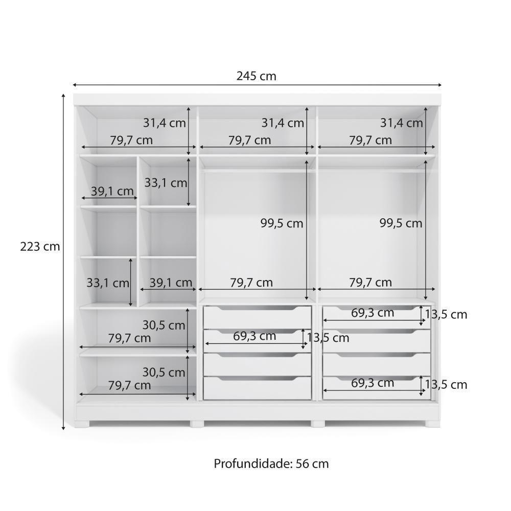 Guarda-Roupa Casal 100% Mdf Kappesberg 3 Portas De Correr Com Espelhos 8 Gavetas Branco - 6