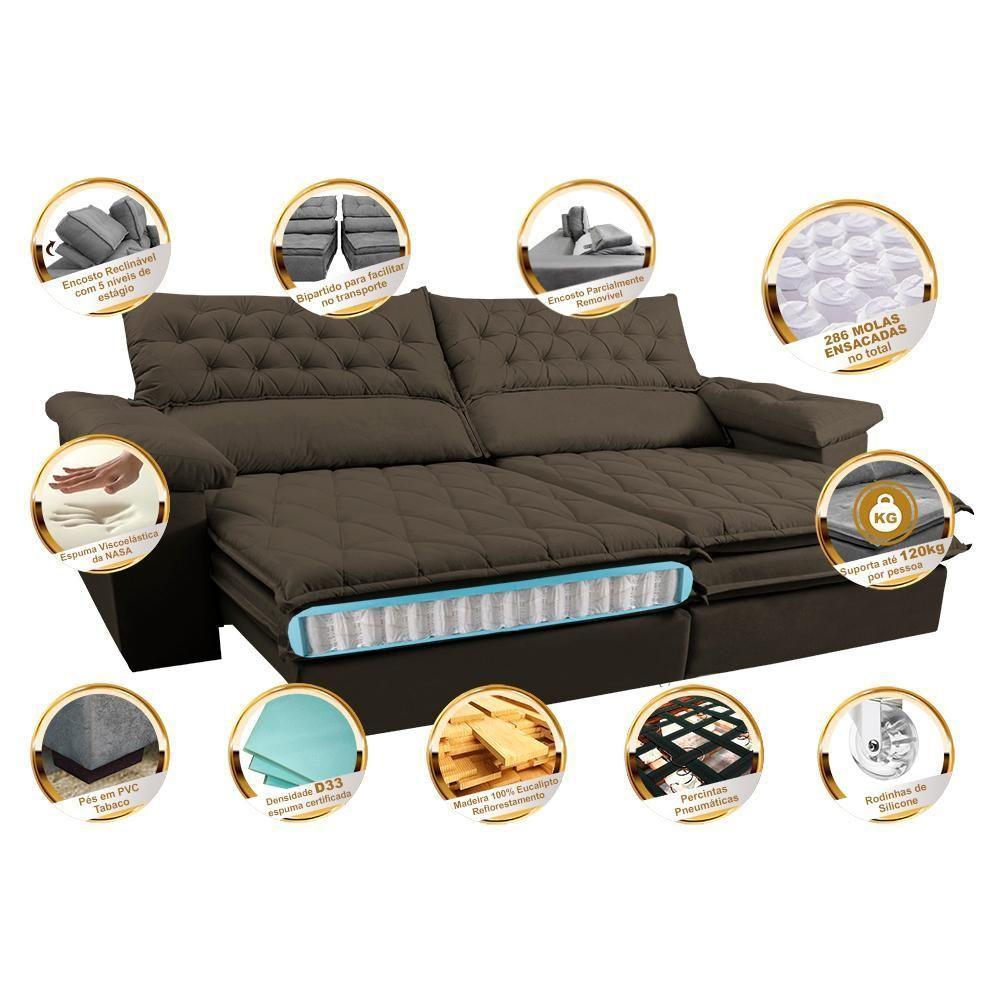 Sofá Retrátil E Reclinável Molas Ensacadas Cama Inbox Botonê 2,72m Espuma Viscoelástico Suede Café - 7