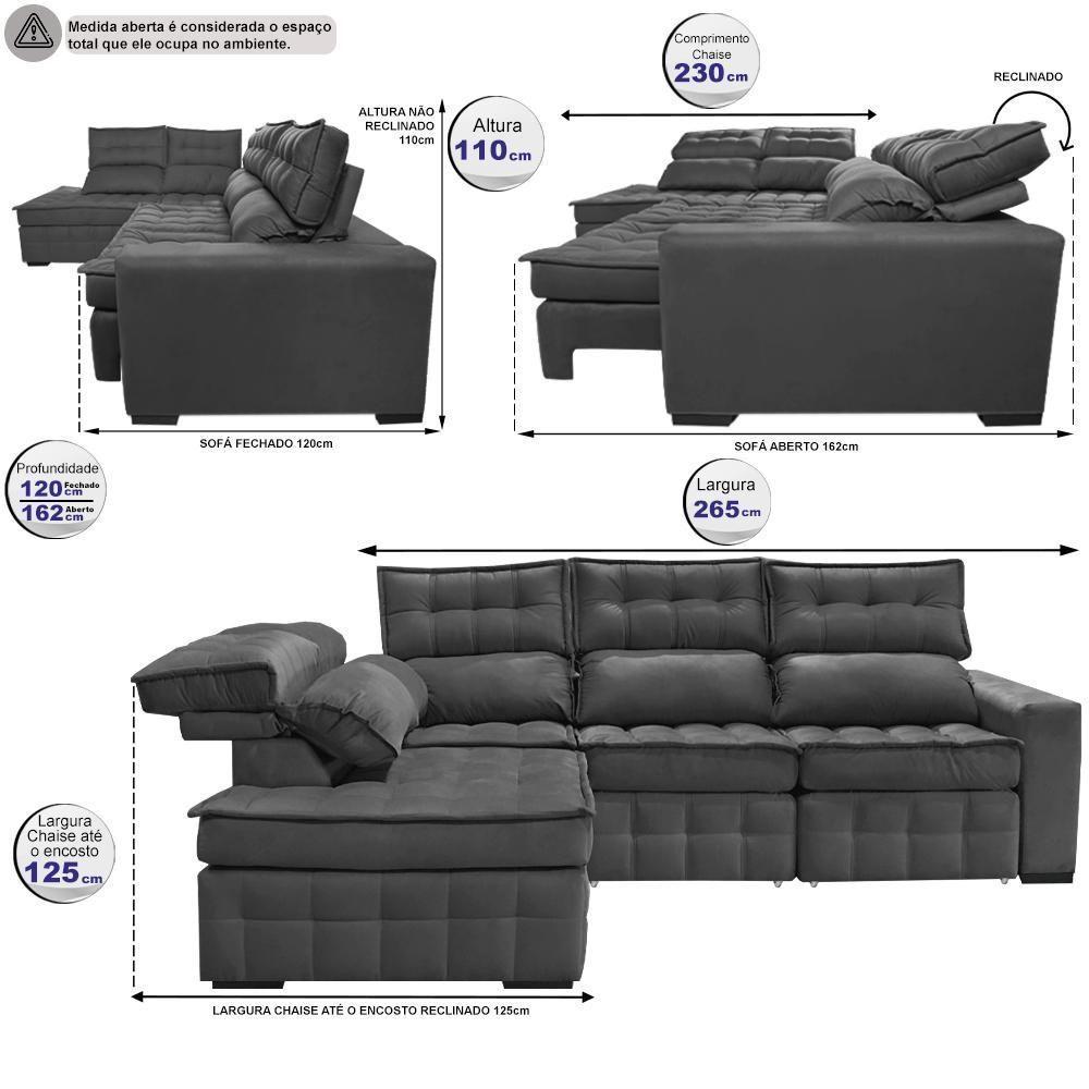 Sofá De Canto Esquerdo 2,65x2,30m Retrátil E Reclinável Com Molas Ensacadas Cama Inbox Nobre Cinza - 8