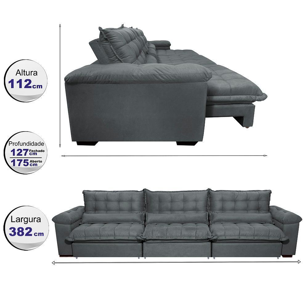 Sofá Retrátil E Reclinável 3,82m Com Molas Ensacadas Cama Inbox Aconchego Tecido Velusoft Cinza - 8