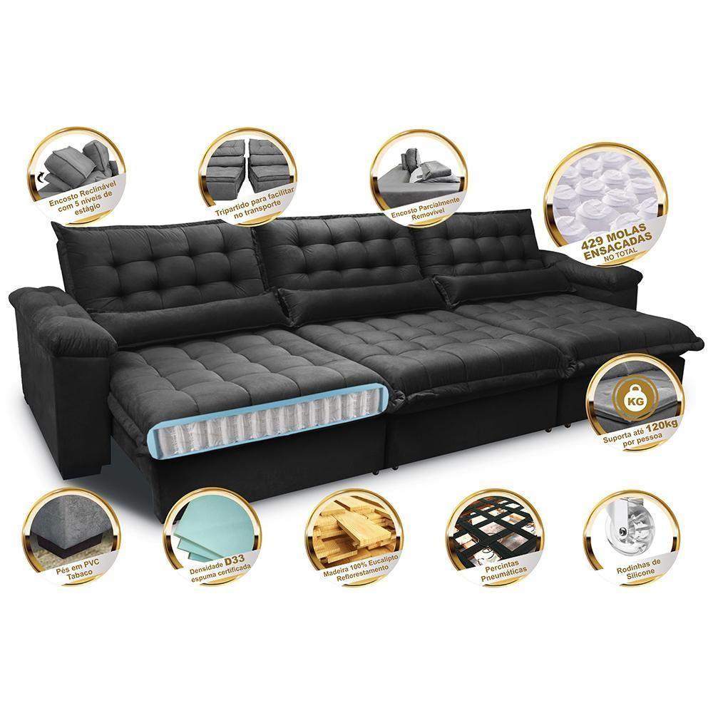 Sofá Retrátil E Reclinável 3,82m Com Molas Ensacadas Cama Inbox Aconchego Tecido Velusoft Preto - 7