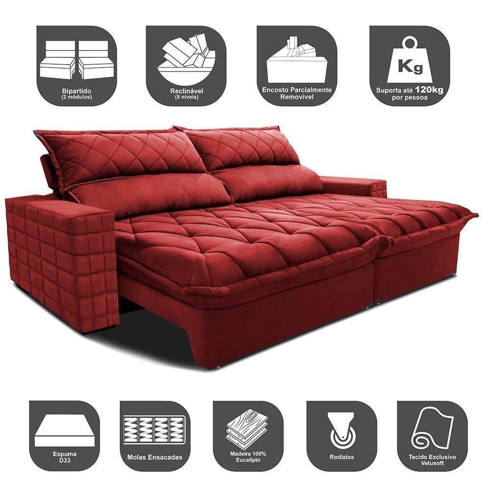 Sofá Retrátil E Reclinável 2,35m Molas Ensacadas Cama Inbox Elegance Com Thermogel Velusoft Vermelho - 7