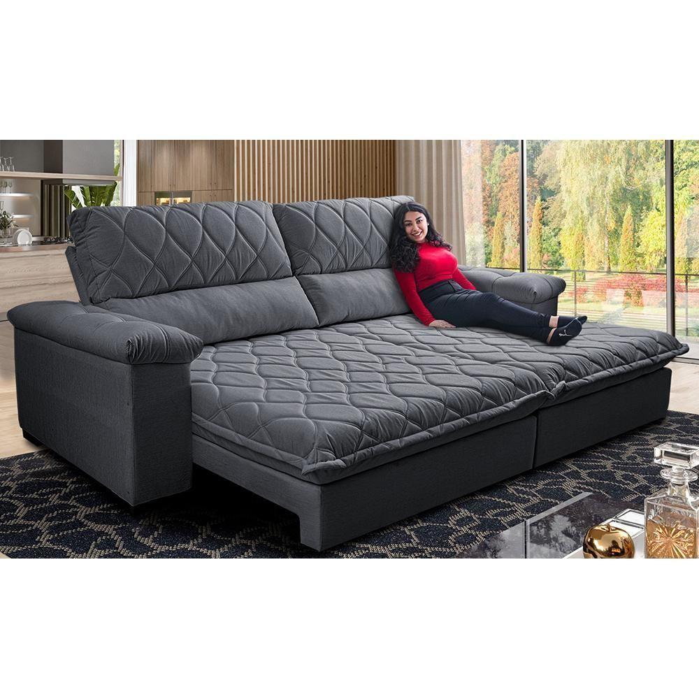 Sofá Retrátil E Reclinável 2,55m Molas Ensacadas Cama Inbox Big Home Bordado 3d Linho Cinza Escuro - 1