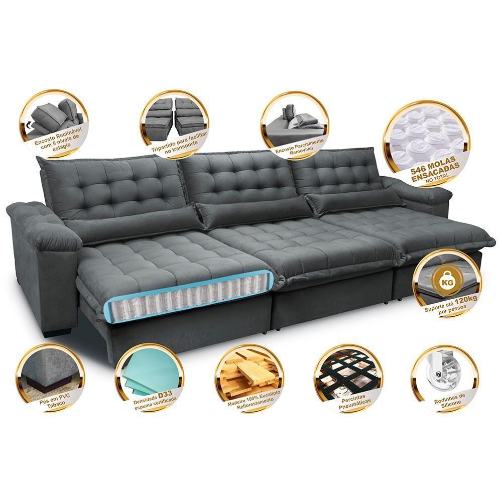 Sofá Retrátil E Reclinável 4,12m Com Molas Ensacadas Cama Inbox Aconchego Tecido Velusoft Cinza - 7