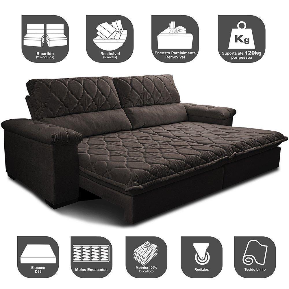 Sofá Retrátil E Reclinável 2,55m Molas Ensacadas Cama Inbox Big Home Bordado 3d Linho Marrom - 7