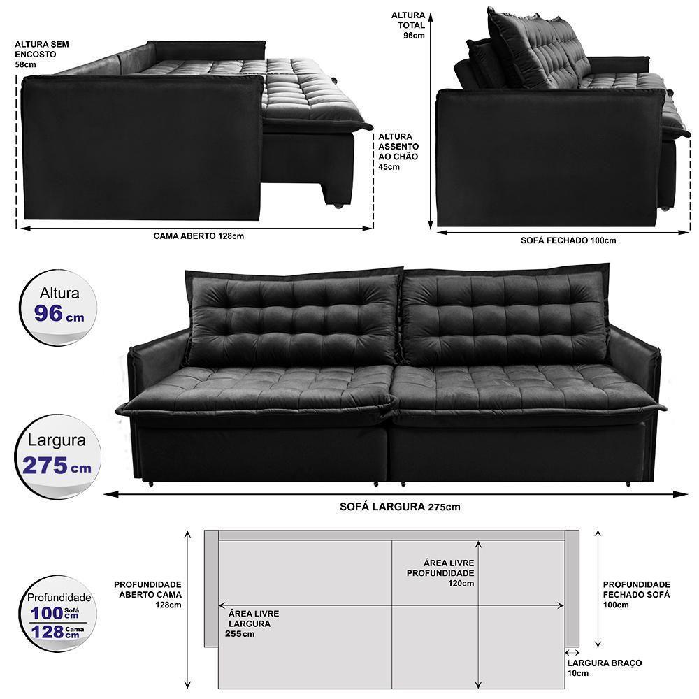 Sofá Sem Caixa Retrátil Reclinável 2,75m Cama Inbox Versátil Com Pillow Top E Molas Velusoft Preto - 6