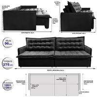 Sofá Sem Caixa Retrátil Reclinável 2,75m Cama Inbox Versátil Com Pillow Top E Molas Velusoft Preto - 6
