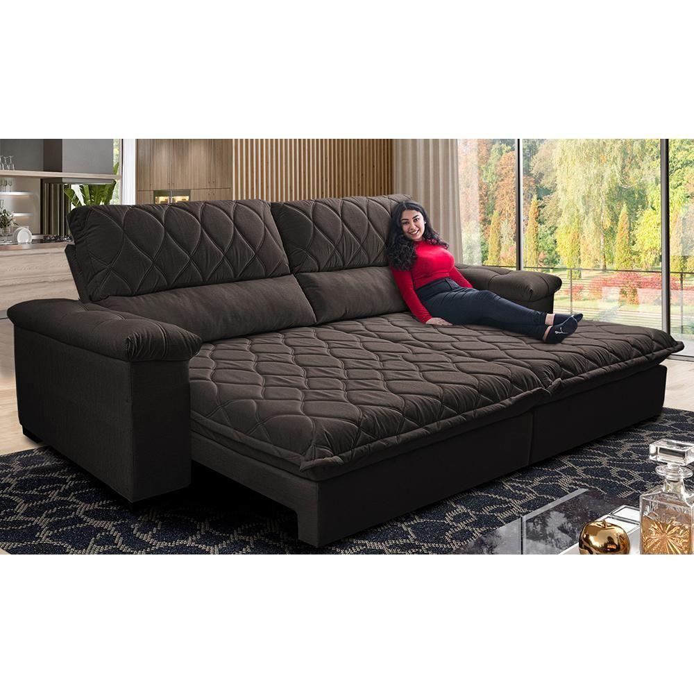 Sofá Retrátil E Reclinável 2,15m Molas Ensacadas Cama Inbox Big Home Bordado 3d Linho Marrom - 1