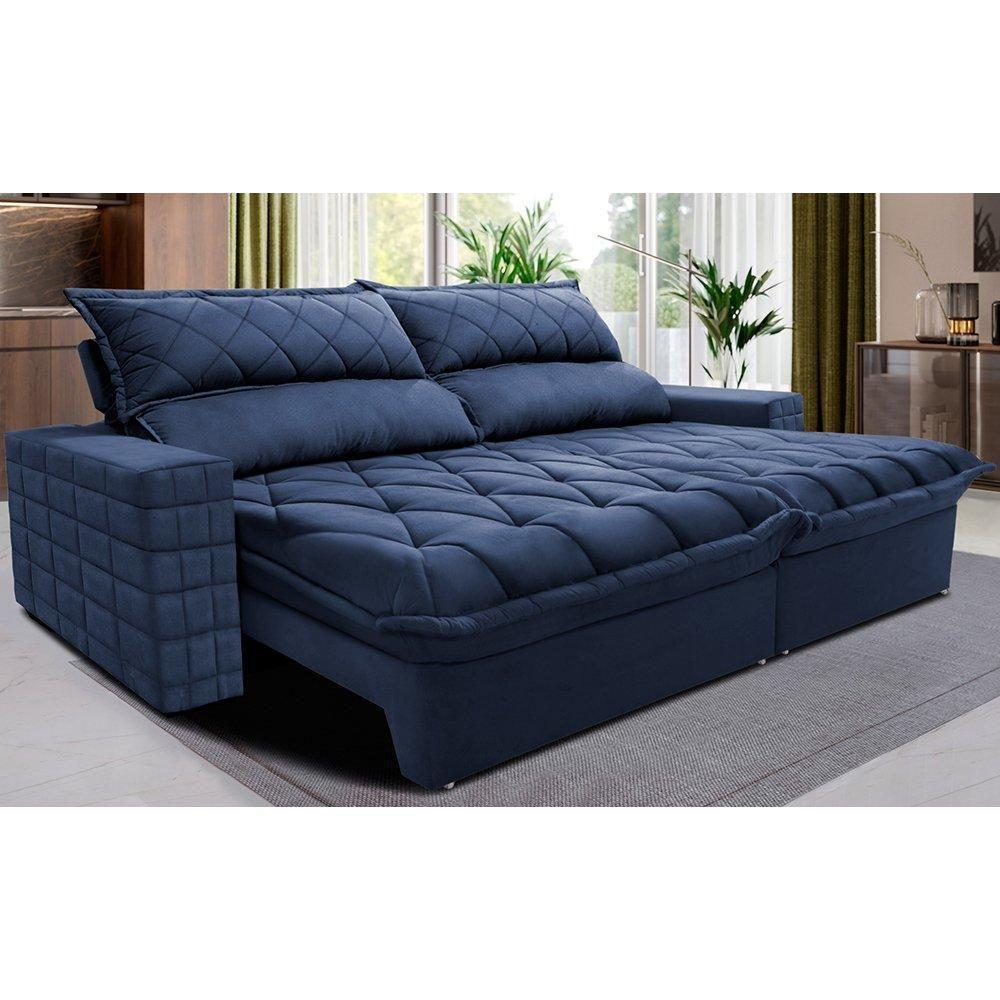 Sofá Retrátil E Reclinável 2,55m Molas Ensacadas Cama Inbox Elegance Com Thermogel Velusoft Azul - 1