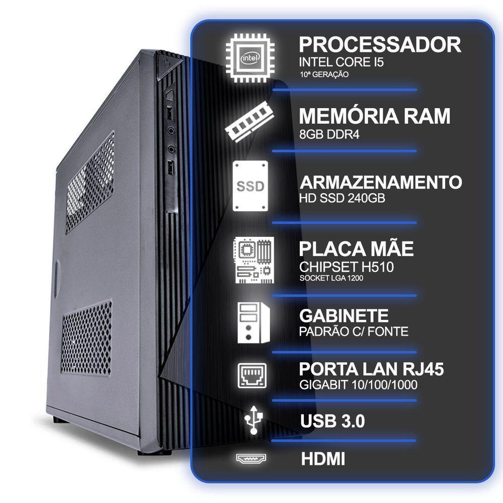 Computador Desktop, Intel Core I5 10º Geração, 8gb Ram, Hd Ssd 240gb, Conexões Usb/vga/hdmi/lan/som - 5