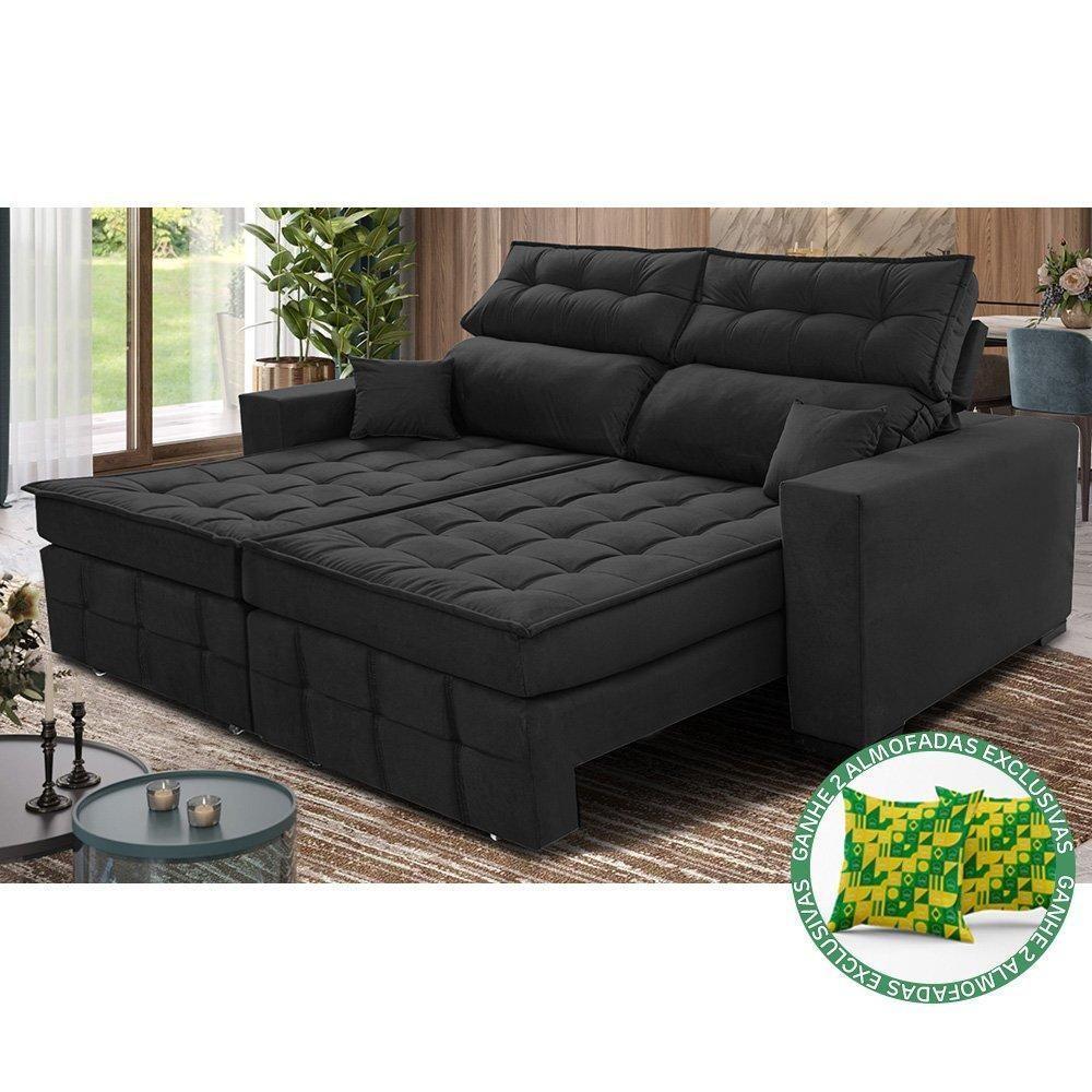 Sofá Retrátil E Reclinável 1,80m Molas Ensacadas E Costura Tripla Cama Inbox Japão Velusoft Preto - 1