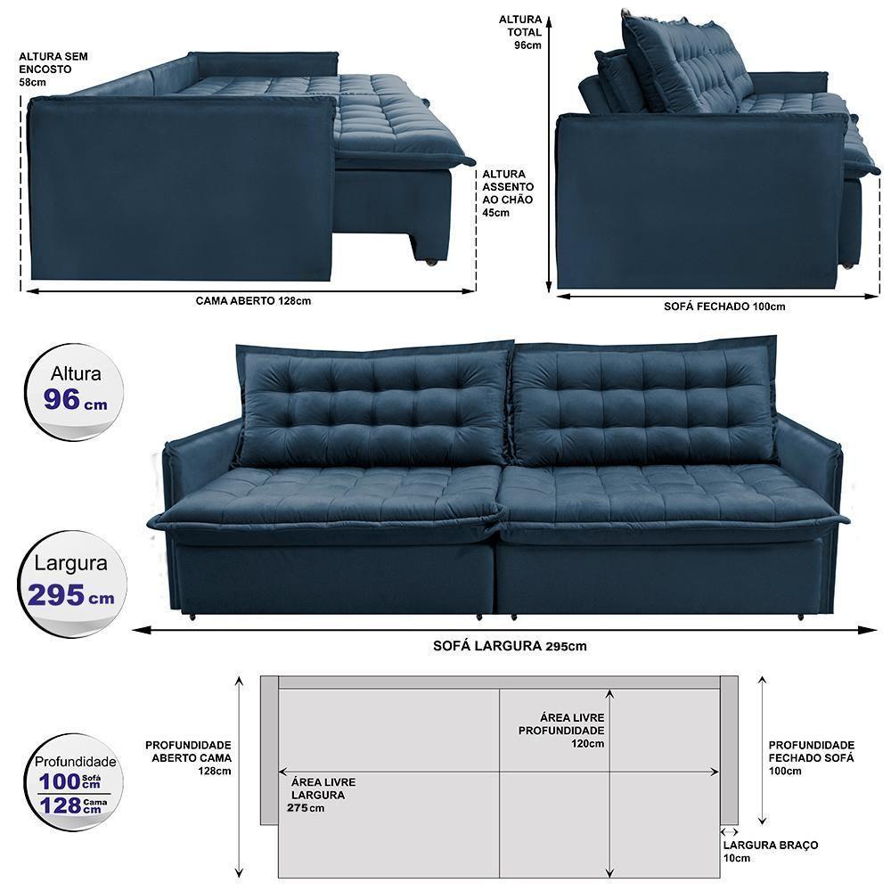 Sofá Sem Caixa Retrátil Reclinável 2,95m Cama Inbox Versátil Com Pillow Top E Molas Velusoft Azul - 7