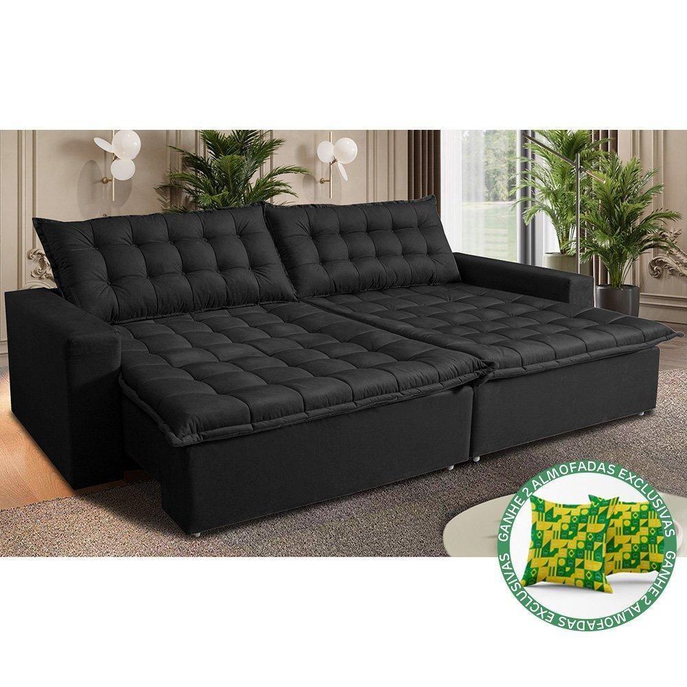 Sofá Sem Caixa Retrátil Reclinável 2,15m Cama Inbox França Velusoft Preto - 1