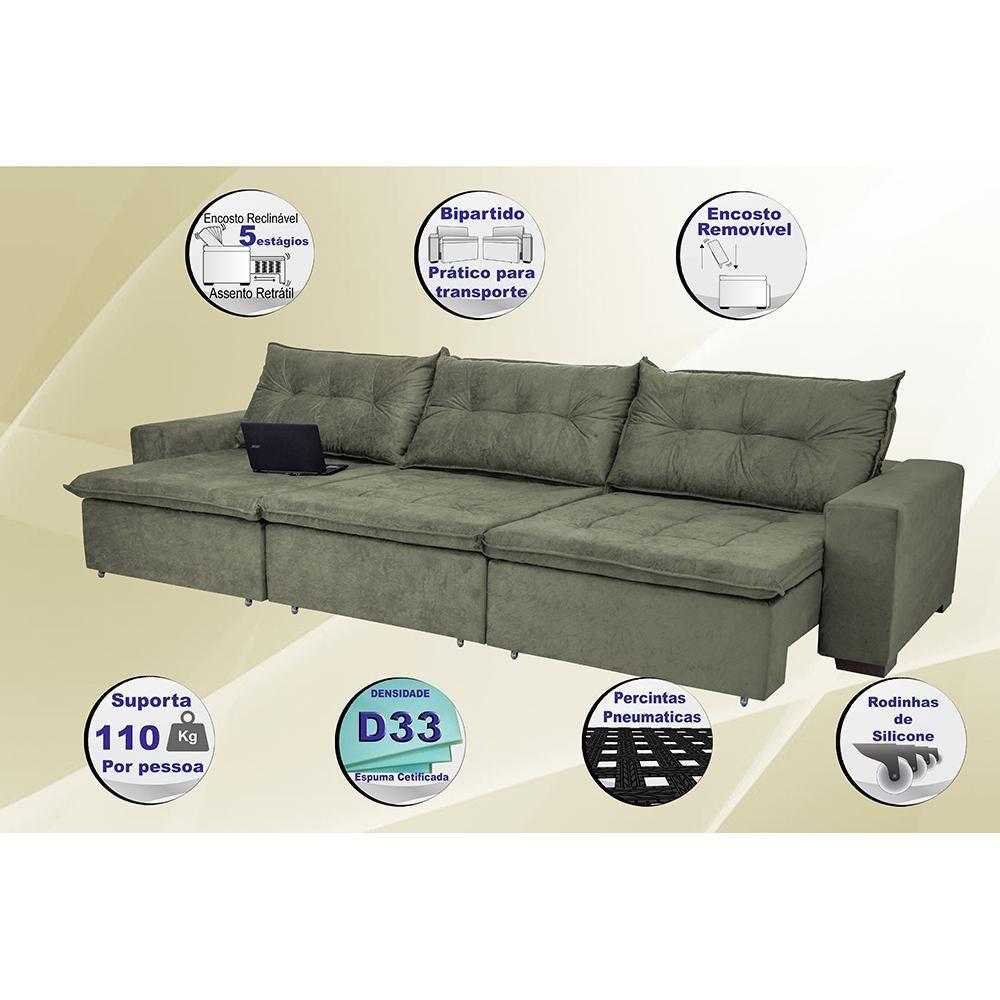 Sofá Austrália 3,52 Mts Retrátil, Reclinável Com Molas E Pillow No Assento Tecido Suede Cinza - 3