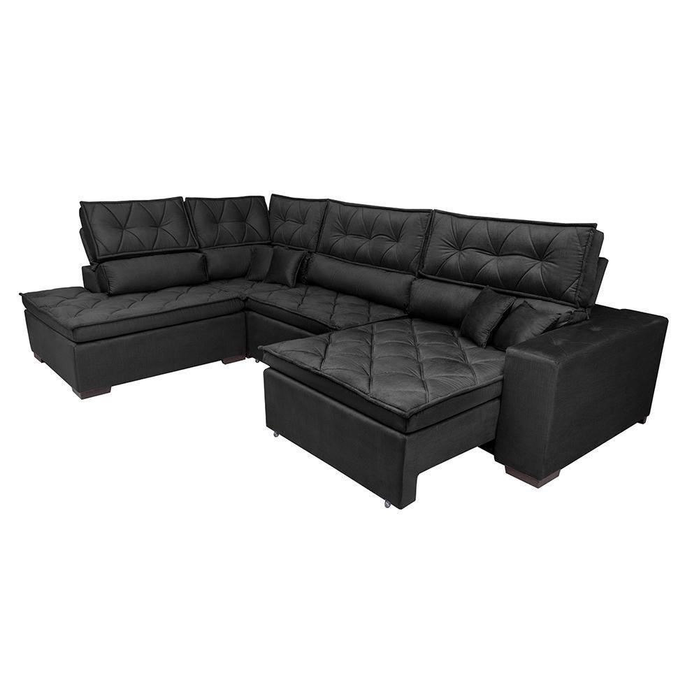 Sofá De Canto Retrátil E Reclinável Esquerdo 3,00x2,36m Molas Cama Inbox Espanha Velusoft Preto - 3