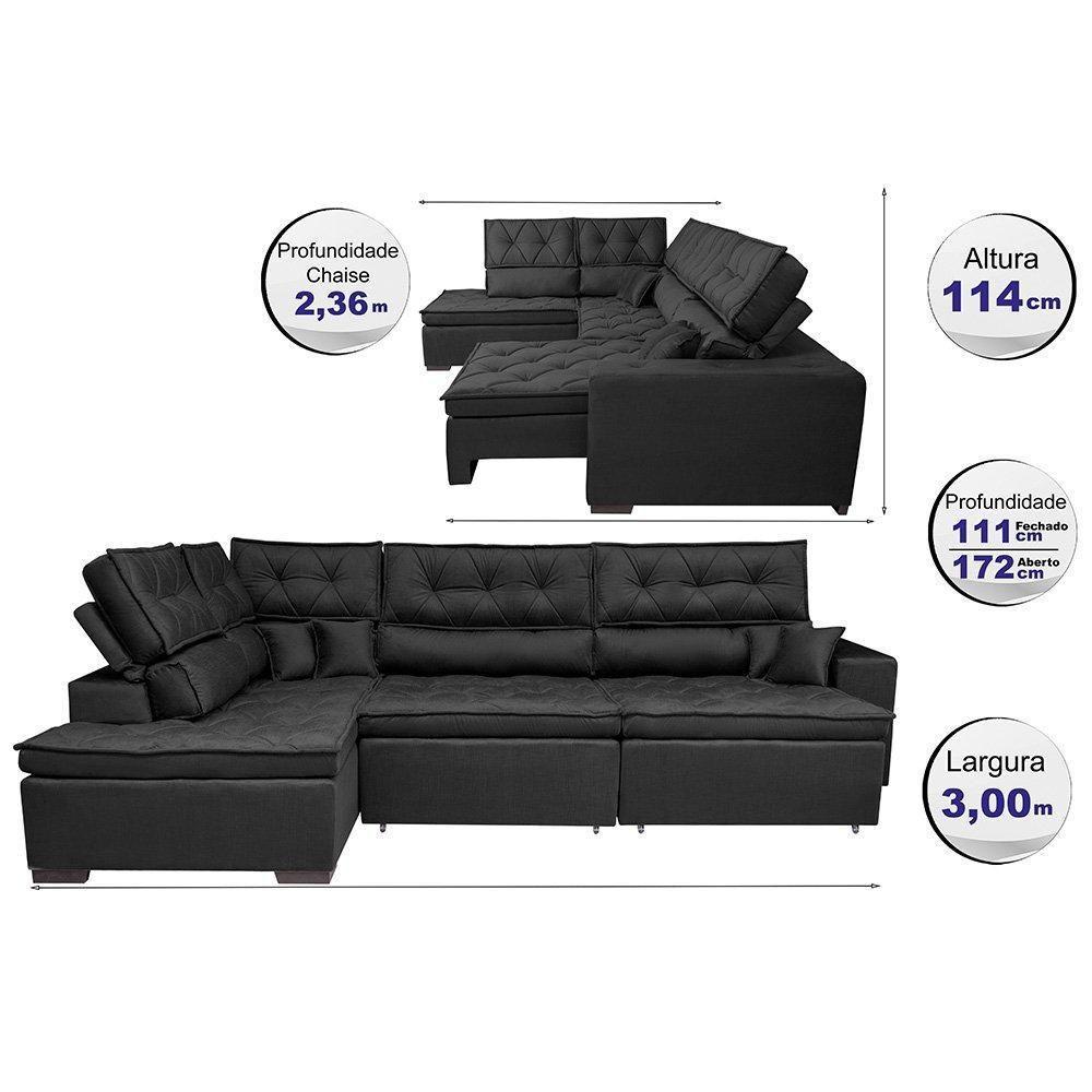 Sofá De Canto Retrátil E Reclinável Esquerdo 3,00x2,36m Molas Cama Inbox Espanha Velusoft Preto - 8