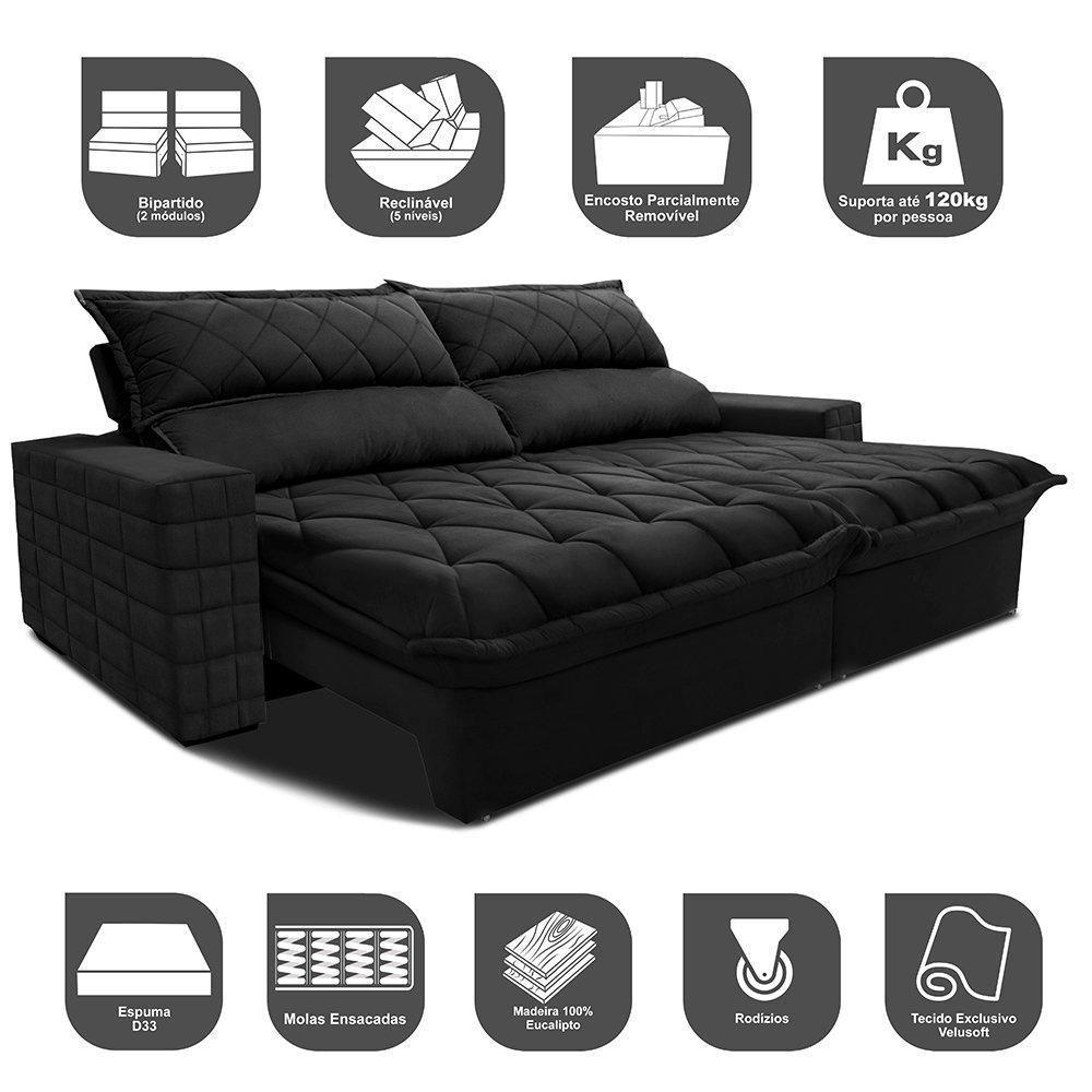 Sofá Retrátil E Reclinável 2,35m Molas Ensacadas Cama Inbox Elegance Com Thermogel Velusoft Preto - 7