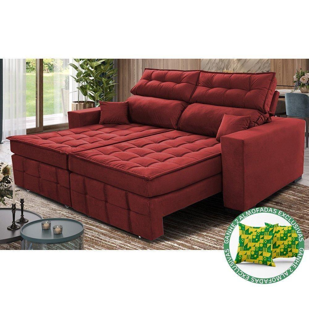 Sofá Retrátil E Reclinável 1,80m Molas Ensacadas E Costura Tripla Cama Inbox Japão Velusoft Vermelho - 1