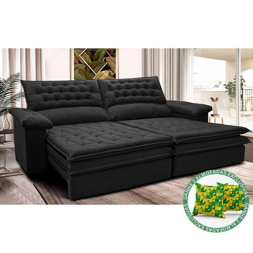 Sofá Retrátil E Reclinável 2,72m Molas Ensacadas Cama Inbox Alemanha Viscoelástico Velusoft Preto - 1