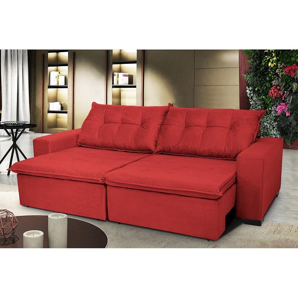 Sofá Austrália 2,32 Mts Retrátil, Reclinável Com Molas E Pillow No Assento Tecido Suede Vermelho - 1