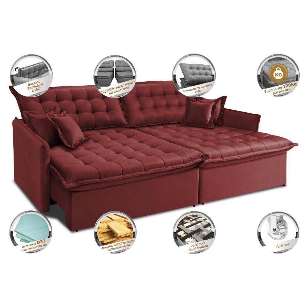 Sofá Sem Caixa Retrátil E Reclinável 1,55m Cama Inbox Versátil Suede Velusoft Vermelho - 6
