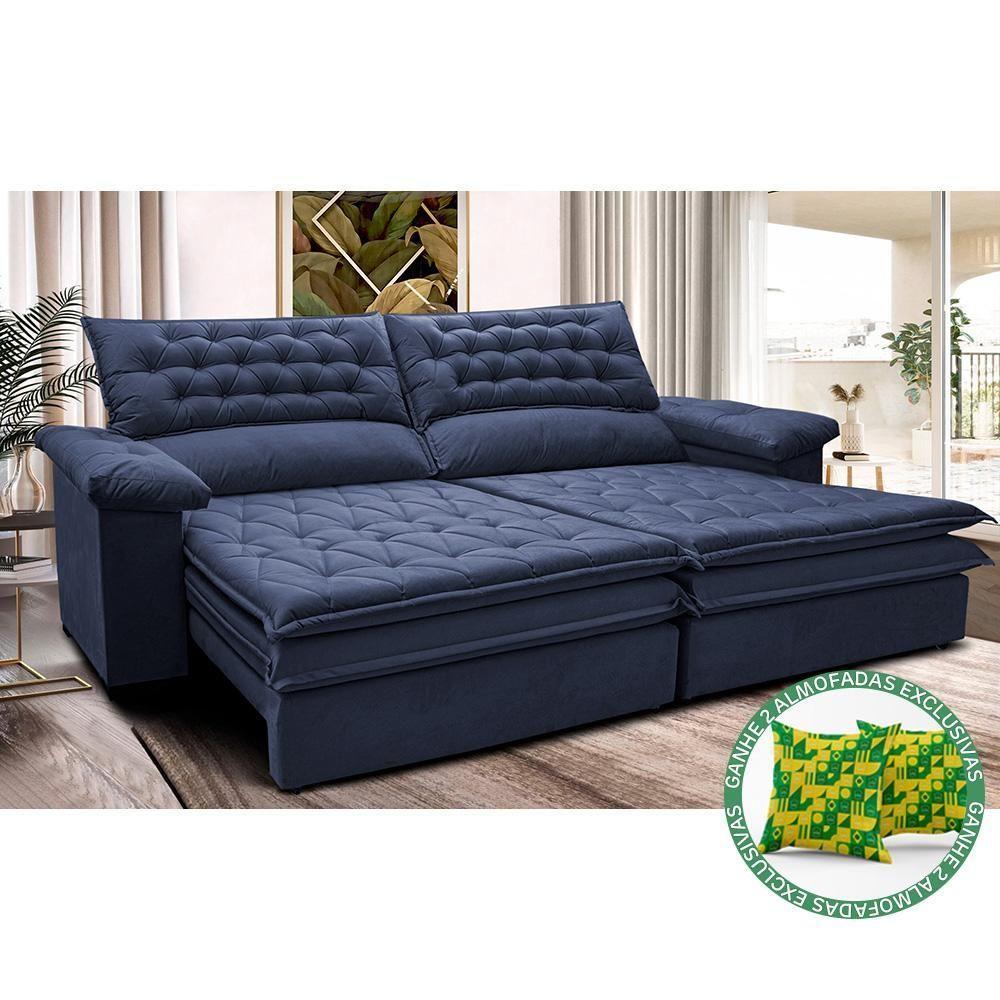 Sofá Retrátil E Reclinável 2,72m Molas Ensacadas Cama Inbox Alemanha Viscoelástico Velusoft Azul - 1